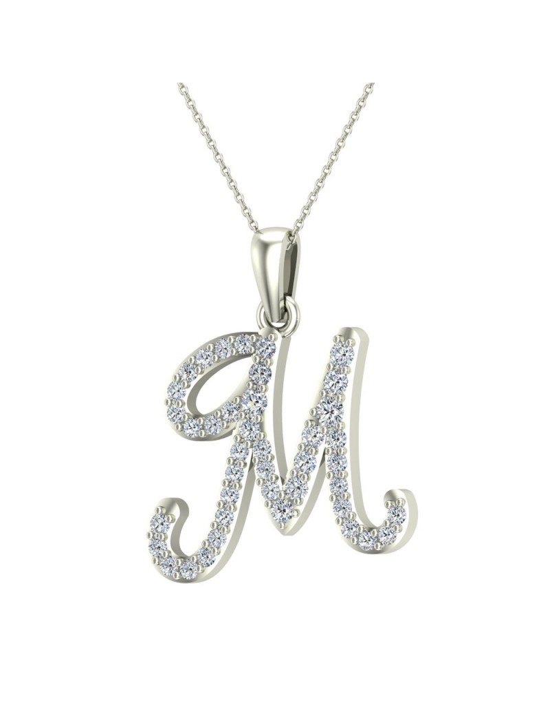 M Letter Initial Monogram Diamond Charm Necklace 0.65 Carat Total 18K Gold