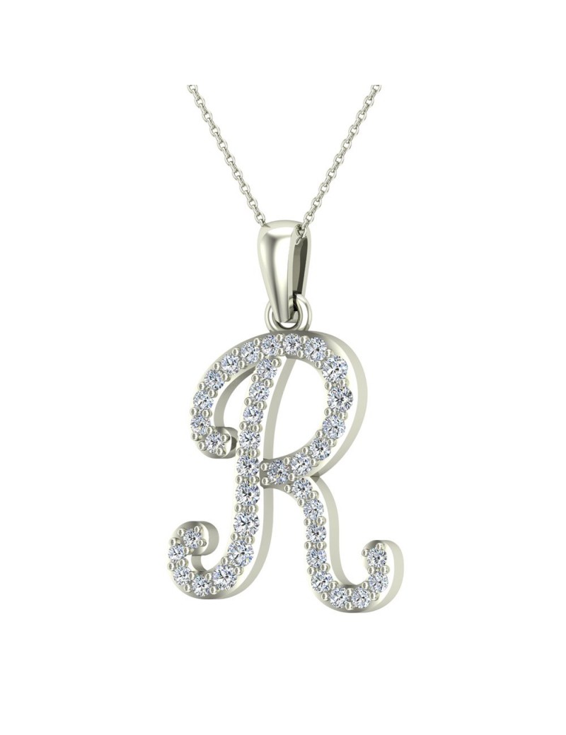 R Letter Initial Monogram Diamond Charm Necklace 0.52 Carat Total 18K Gold