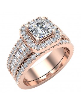 Stunning Princess Cushion Halo Diamond Wedding Ring Set 1.56 ctw 14K Gold (J,I1)