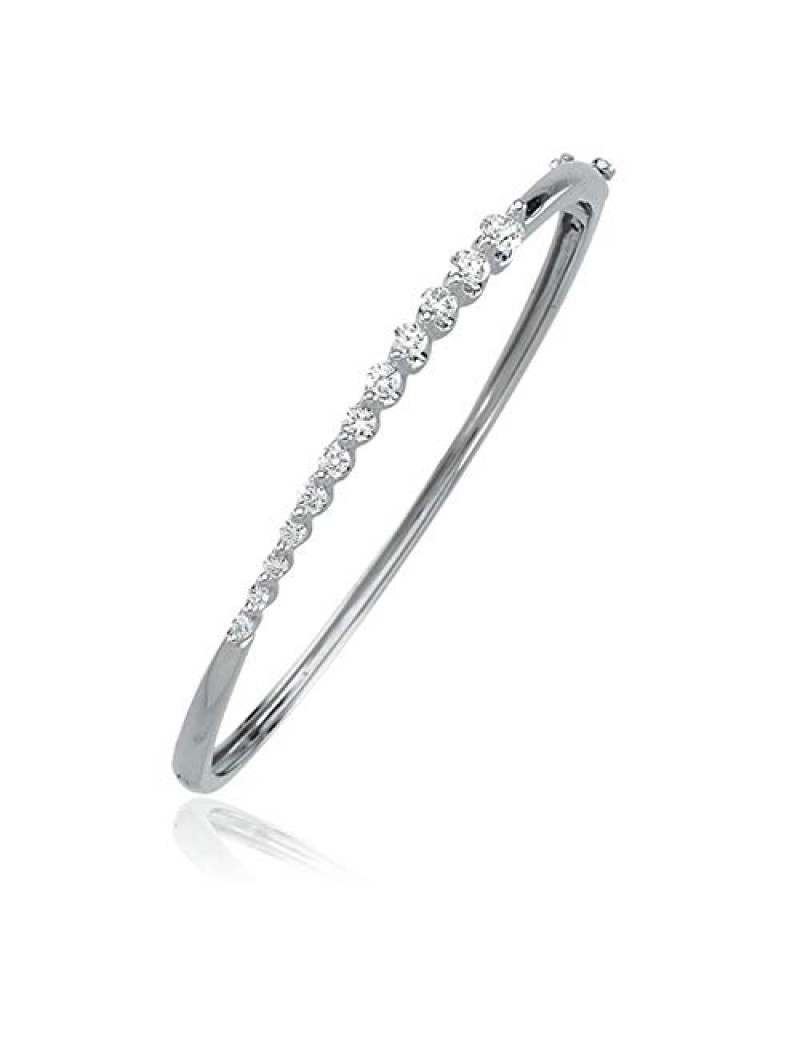 14k White Gold 1 Ct, 12 Stone Journey Diamond, Hinged Bangle Bracelet
