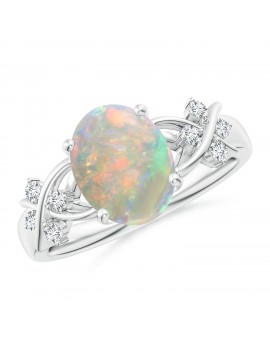 Solitaire Natural Oval Opal Criss Cross Ring with Diamonds (10x8mm Opal)