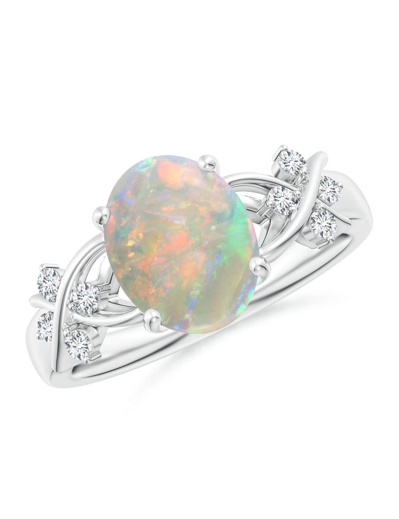 Solitaire Natural Oval Opal Criss Cross Ring with Diamonds (10x8mm Opal)