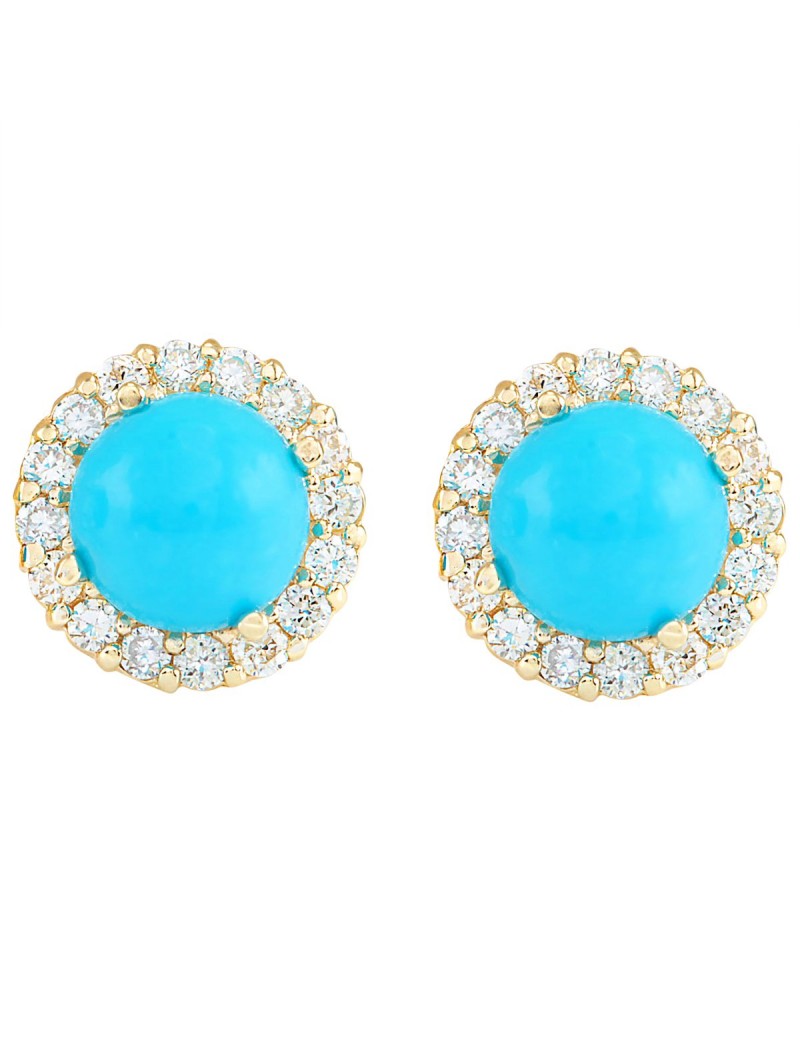 3.65 Carat Natural Blue Turquoise and Diamond (F-G Color, VS1-VS2 Clarity) 14K Yellow Gold Stud Earrings for Women Exclusively Handcrafted in USA