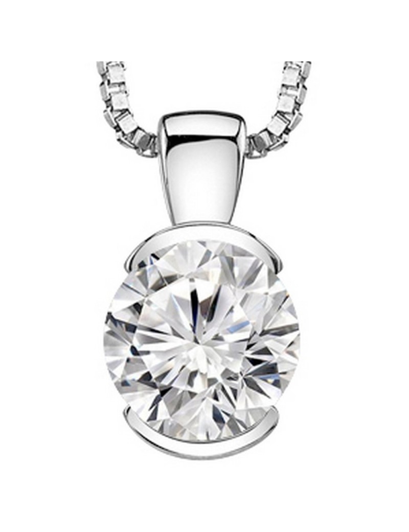 1 Carat Round Diamond Half Bezel Solitaire Pendant Necklace J Color VS1-VS2 Clarity w/ 16" 14K Gold Chain