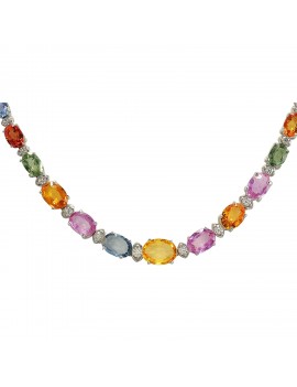 34.11 Carat Natural Multicolor Ceylon Sapphire, Diamond (F-G Color, VS1-VS2 Clarity) 14K White Gold Luxury Tennis Necklace for Women Exclusively Handcrafted in USA