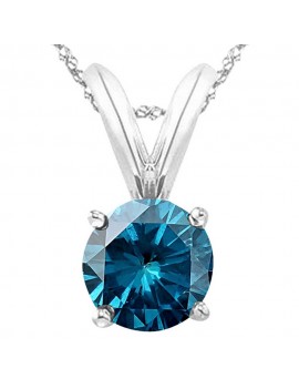 1/2-5 Carat Round Blue Diamond 4 Prong Pendant Necklace (AAA Quality) W/ 16" Gold Chain