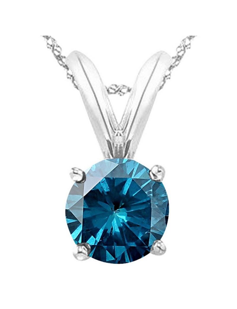 1/2-5 Carat Round Blue Diamond 4 Prong Pendant Necklace (AAA Quality) W/ 16" Gold Chain