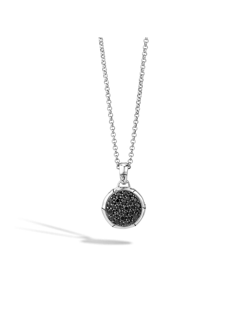 John Hardy Women's Bamboo Silver Lava Small Round Pendant- on Chain Necklace with Black Sapphire, Size 16-18 Adjustable